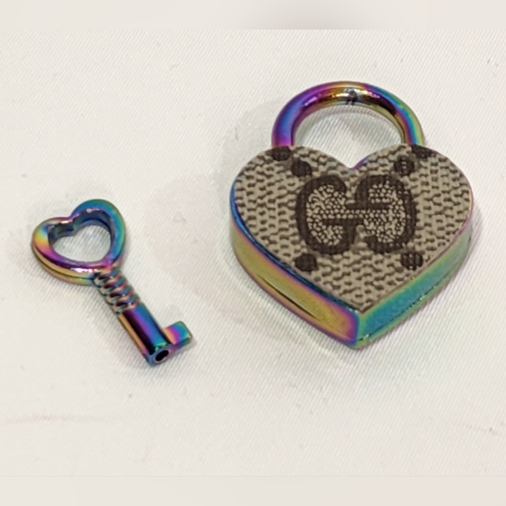 Gucci Monogram Canvas Heart Lock and Key Set with Rainbow Finish
